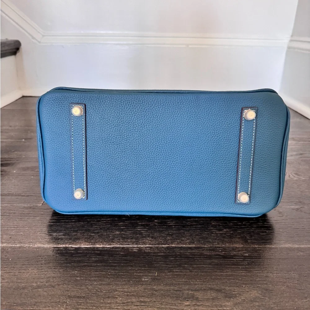 Blue Leather Top-Handle Satchel with Gold Hardware